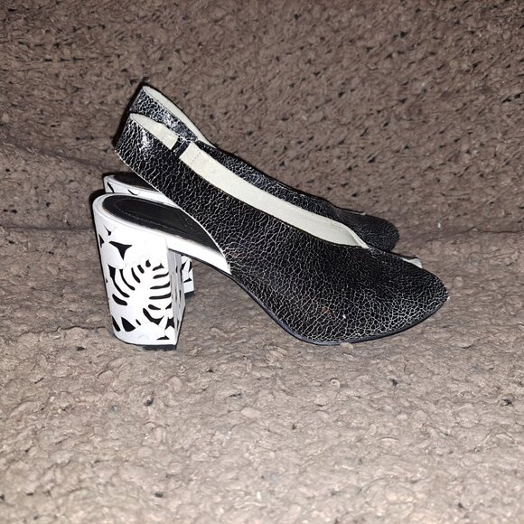 WHAT FOR-Paris-Crackled Black Leather-Distressed Cracked Heel-Slingback-Sz 37-EX - Picture 5 of 8